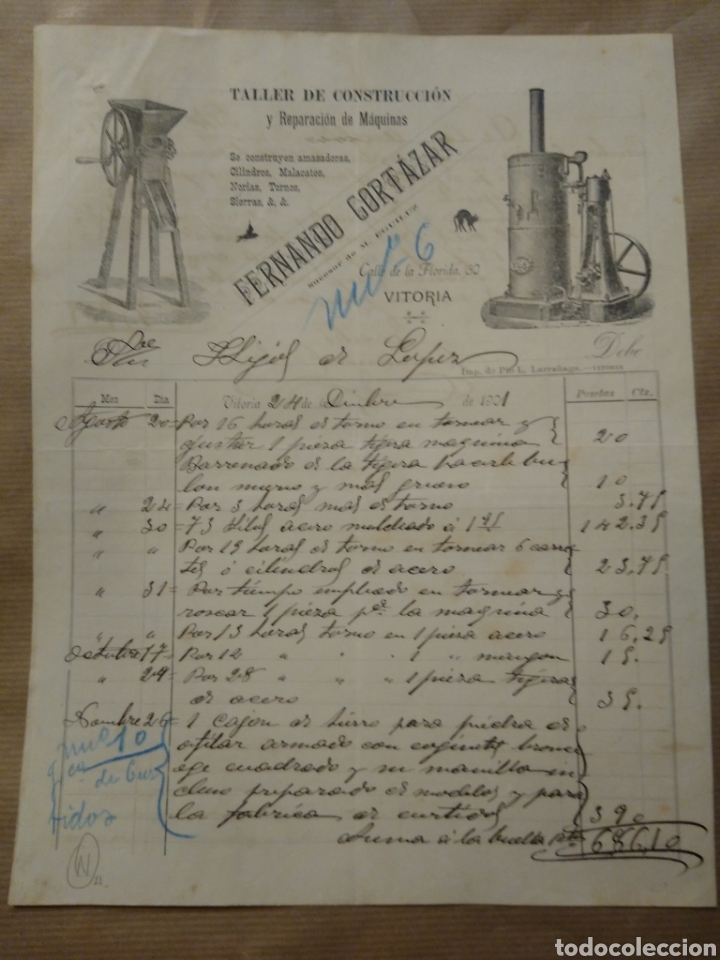 Commercial Letters: Fernando Cort&aacute;zar. Taller de construcci&oacute;n y reparaci&oacute;n de m&aacute;quinas. Vitoria 1901