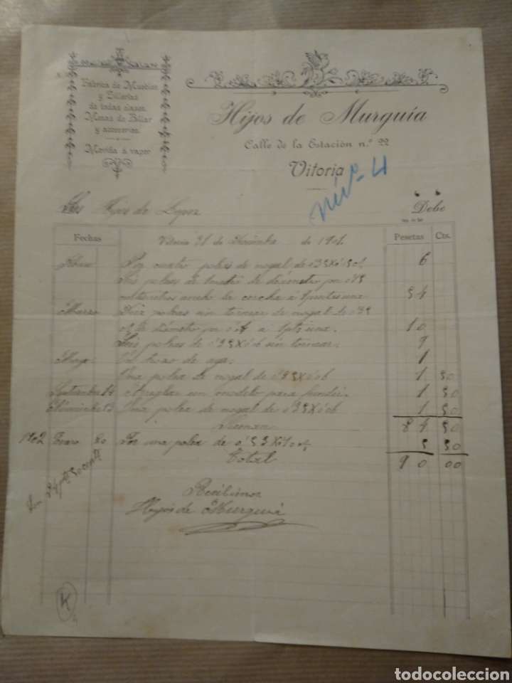 Commercial Letters: Hijos de Murquia. Fabrica de muebles. Mesas de billar. Vitoria firma propietario. 1901