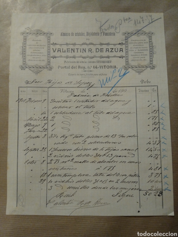 Commercial Letters: Valent&iacute;n R. De Azua. Almac&eacute;n de cristales, hojalater&iacute;a y fumisteria. Vitoria 1901. Firma propietario