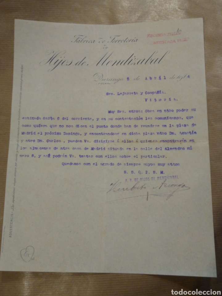 Commercial Letters: Fabrica de ferreter&iacute;a Hijos de Mendiz&aacute;bal. Durango Vizcaya. Firma.