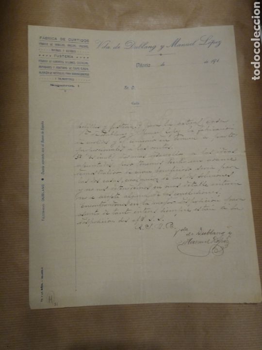 Commercial Letters: Fabrica de curtidos. Vea de Dublang y Manuel L&oacute;pez. Vitoria. Firma propietario.
