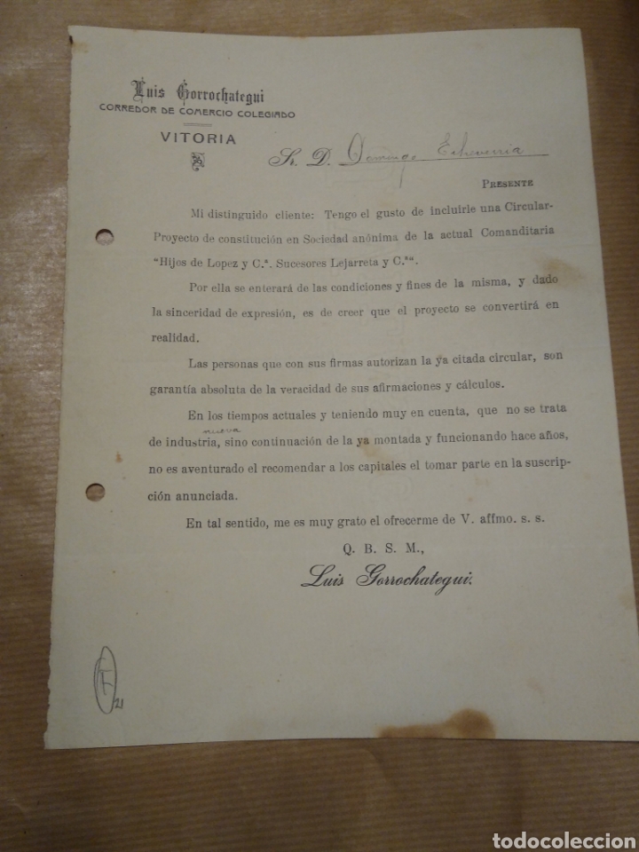 Commercial Letters: Luis Gorrochategui. Corredor de comercio Vitoria