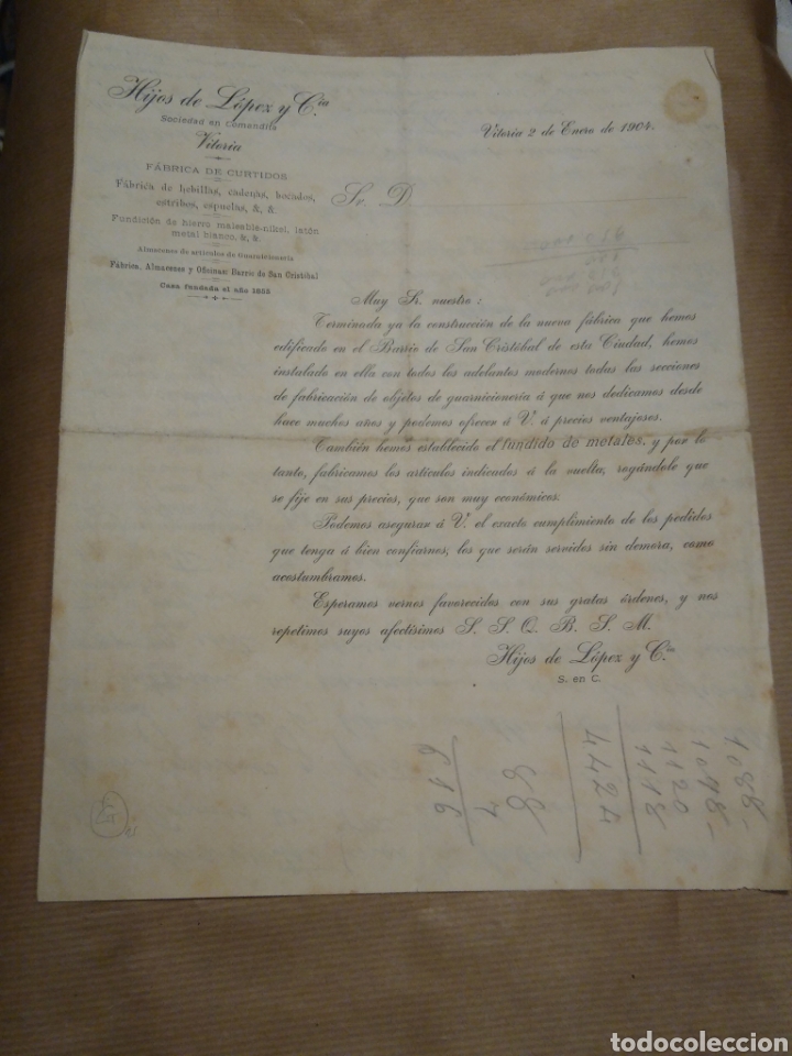 Commercial Letters: Hijos de L&oacute;pez y cia. Fabrica de curtidos. Vitoria. Precios. 1904.