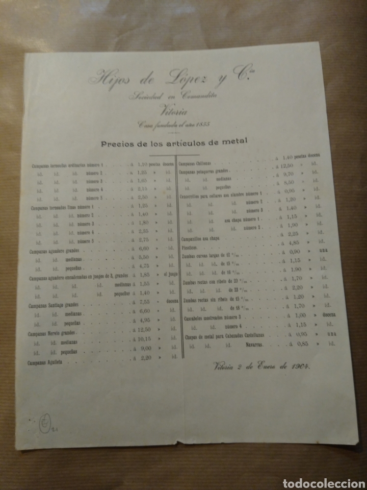 Commercial Letters: Hijos de L&oacute;pez y cia. Sociedad en Comandita Vitoria. Lista de precios 1904