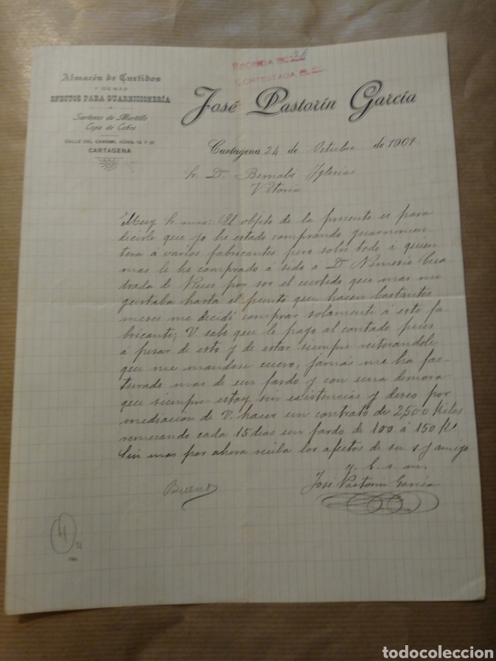 Commercial Letters: Almac&eacute;n de curtidos guarnicioner&iacute;a. Jos&eacute; Pastorin Garc&iacute;a. Cartagena 1907. Firma propietario.
