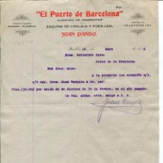 Cartas comerciales: MEXICÓ-PUEBLA ”EL PUERTO DE BARCELONA”-JUAN PANDO-ALMACEN DE ABARROTES (ULTRAMARINOS) AÑO 1906 RARA