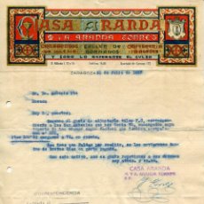Cartas comerciales: ZARAGOZA-CASA ARANDA-M.Y.A.ARANDA TORRES-ORNAMENTOS DE IGLESIA-TALLER DE BORDADOS-AÑO 1927