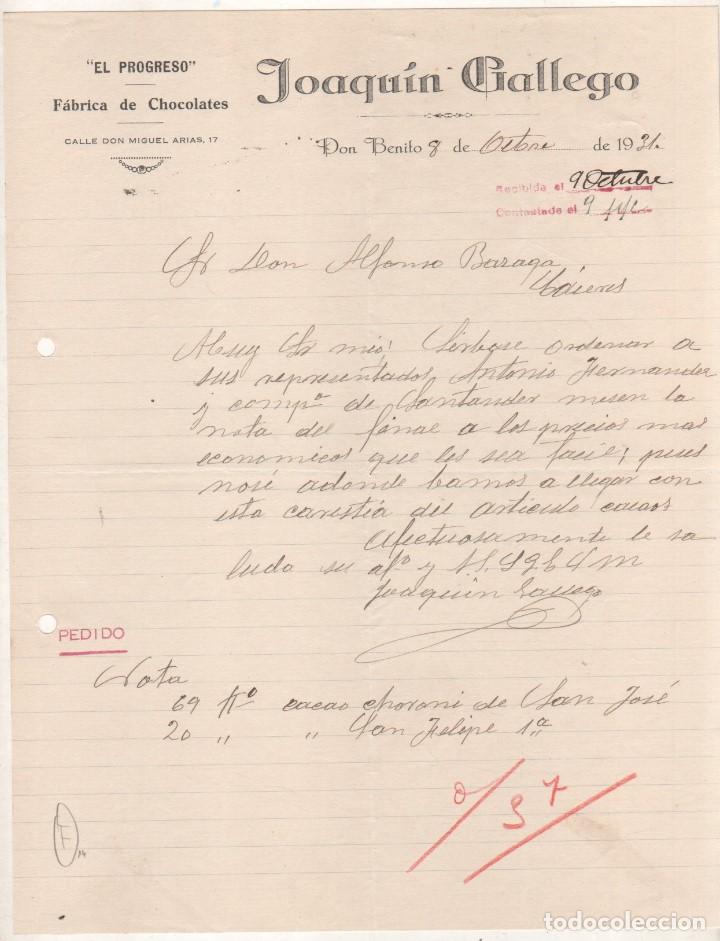 Commercial Letters: El Progreso. F&aacute;brica de chocolates Joaquin Gallego. Don Benito. Badajoz. Firma propietario. 1931