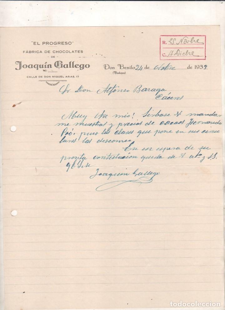 Commercial Letters: El Progreso. F&aacute;brica de chocolates Joaquin Gallego. Don Benito. Badajoz. Firma propietario. 1933