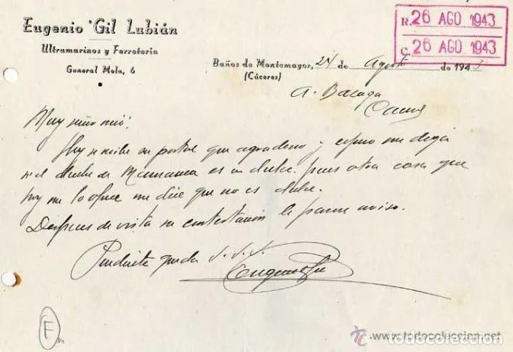 Lettere commerciali: Eugenio Gil Lubian. Ultramarinos y ferreter&iacute;a. Ba&ntilde;os de Montemayor. C&aacute;ceres