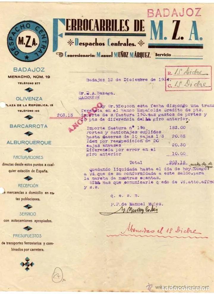 Commercial Letters: Ferrocarriles de M. Z. A. Badajoz. Concesionario Manuel Mu&ntilde;oz M&aacute;rquez. Firma propietario.