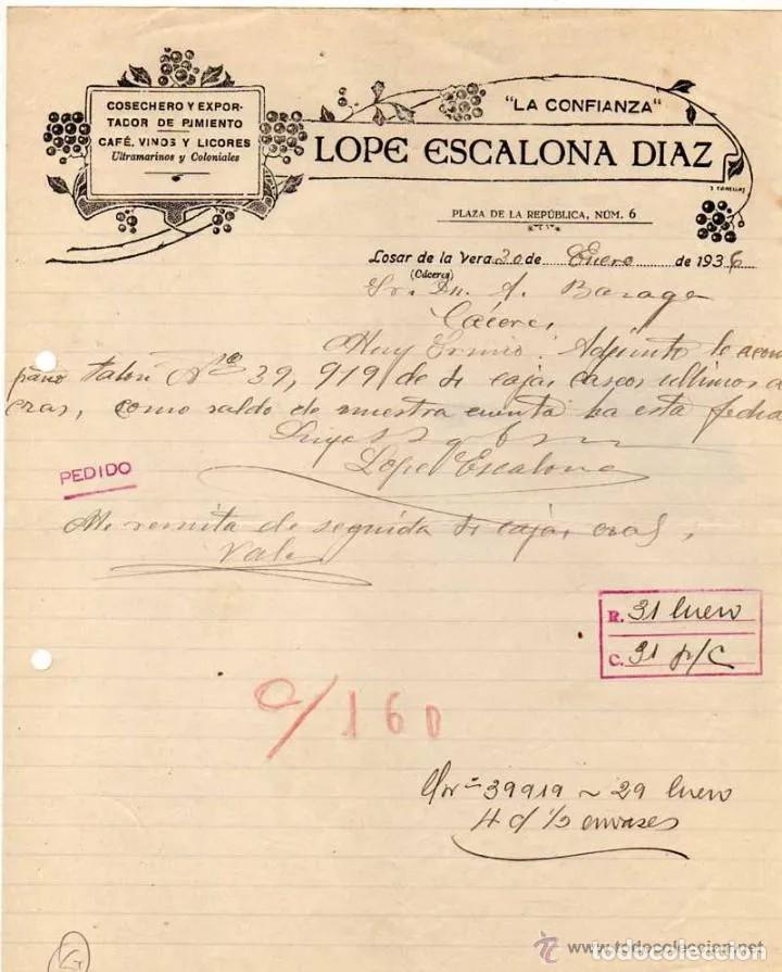 Commercial Letters: Cosechero y exportador de pimiento, caf&eacute;, vinos Lope Escalona Diaz Losar de la Vera. C&aacute;ceres.