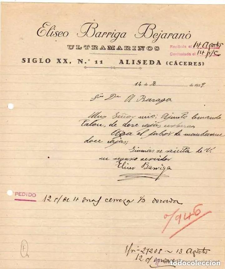 Commercial Letters: Eliseo Barriga Bejarano. Ultramarinos. Siglo XX Aliseda C&aacute;ceres. Firma propietario.