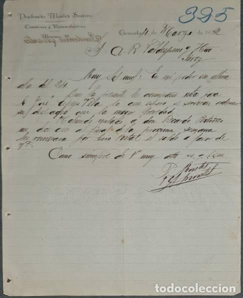 Lettres commerciales: Carta comercial. Prudencio Montes Soriano. Comisiones y Representaciones. Granada. Espa&ntilde;a 1922