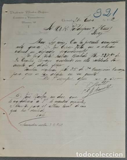 Lettres commerciales: Carta comercial. Prudencio Montes Soriano. Comisiones y Representaciones. Granada. Espa&ntilde;a 1922