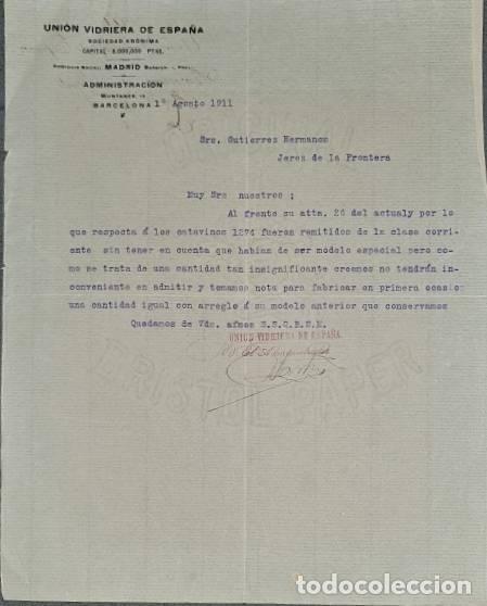 Gesch&auml;ftsbriefe: Carta comercial. Uni&oacute;n vidriera de Espa&ntilde;a S.A. Barcelona. Espa&ntilde;a 1911