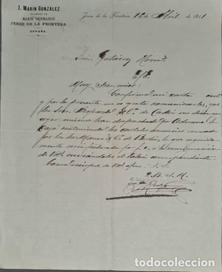 Gesch&auml;ftsbriefe: Carta comercial. J. Marin Gonz&aacute;lez. Suc. de Mar&iacute;n Hermanos. Jerez. Espa&ntilde;a 1911