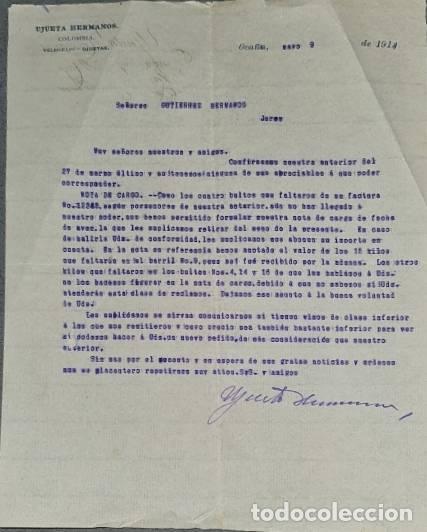 Gesch&auml;ftsbriefe: Carta comercial. Ujueta Hermanos. Oca&ntilde;a. Colombia 1914