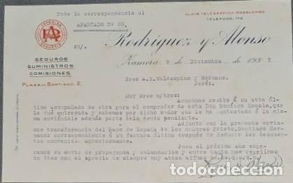 Gesch&auml;ftsbriefe: Carta comercial. Rodriguez y Alonso. Seguros, Suministros y Comisiones. Zamora. Espa&ntilde;a 1927