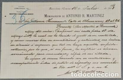 Gesch&auml;ftsbriefe: Memorandum. Antonio R. Mart&iacute;nez. Barcelona. Espa&ntilde;a 1903