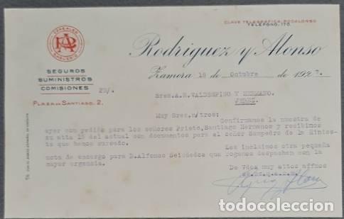 Gesch&auml;ftsbriefe: Carta comercial. Rodriguez y Alonso. Seguros, Suministros y Comisiones. Zamora. Espa&ntilde;a 1927