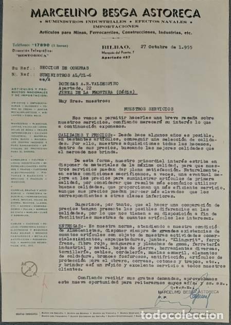 Gesch&auml;ftsbriefe: Carta comercial. Marcelino Besga Astoreca. Suministros Industriales. Bilbao. Espa&ntilde;a 1955