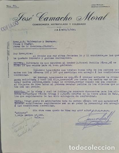 Gesch&auml;ftsbriefe: Carta comercial. Jos&eacute; Camacho Moral. Comision&iacute;sta Matriculado y Colegiado. Ja&eacute;n. Espa&ntilde;a 1930