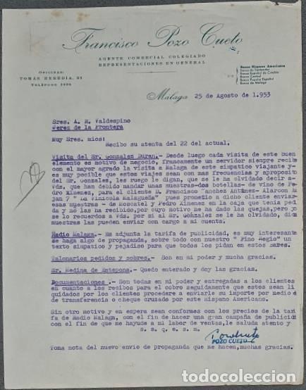 Gesch&auml;ftsbriefe: Carta comercial. Franc&iacute;sco Pozo Cueto. Agente Comercial Colegiado. M&aacute;laga. Espa&ntilde;a 1953