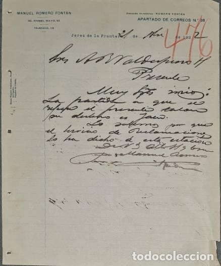 Commercial Letters: Carta comercial. Manuel Romero Font&aacute;n. Jerez. Espa&ntilde;a 1922