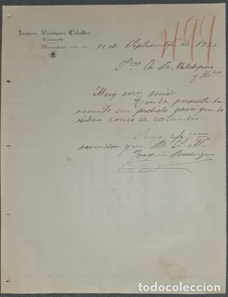 Commercial Letters: Carta comercial. Joaquin Rodriguez Ceballos. Comisionista. Monesterio. Espa&ntilde;a 1922