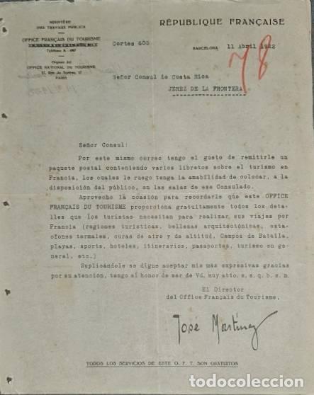 Commercial Letters: Carta comercial. Minist&eacute;re des Travaux Publics. Office Fran&ccedil;ais du tourisme. Barcelona. Espa&ntilde;a 1922