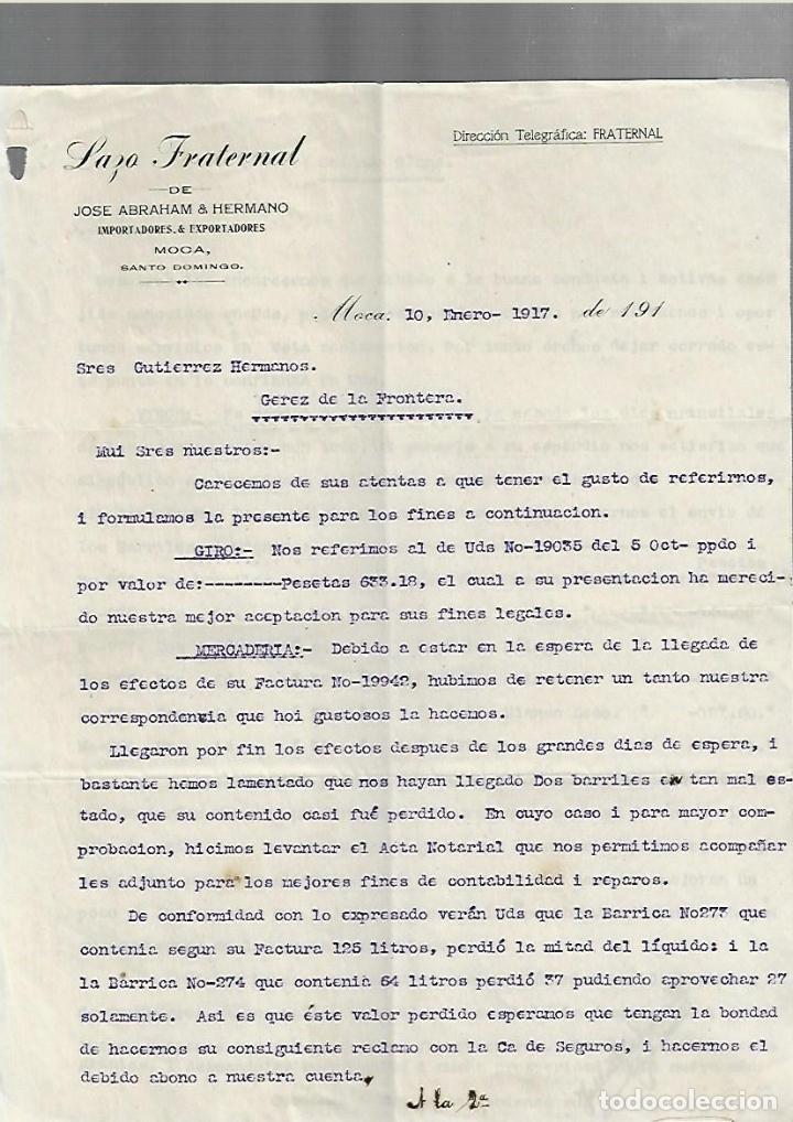 Commercial Letters: CARTA COMERCIAL. LAZO FRATERNAL. JOSE ABRAHAM & HERMANO. MOCA, SANTO DOMINGO. 1917. TIENE 2 PAGINAS