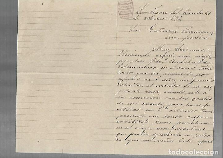 Cartas comerciais: CARTA COMERCIAL. REPRESENTANTE ESTEBAN PUENTE. SAN JUAN DEL PUERTO. 1893. MANUSCRITA