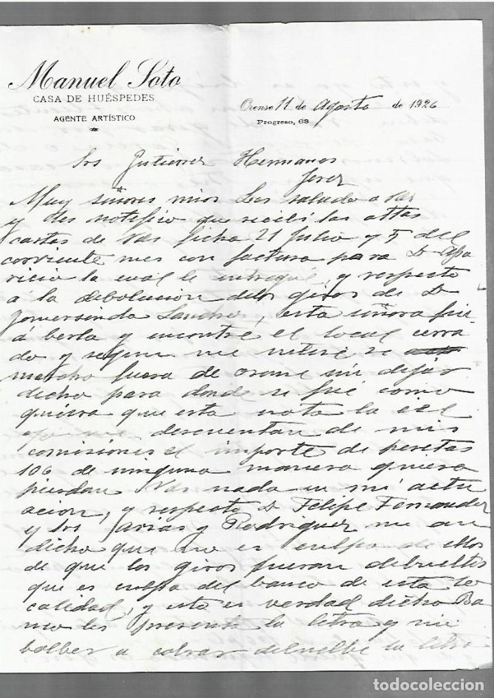 Cartas comerciais: CARTA COMERCIAL. MANUEL SOTO. CASA DE HU&Eacute;SPEDES. 1926. ORENSE. 2 PAGINAS