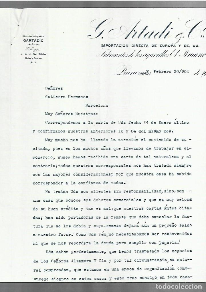 Cartas comerciais: CARTA COMERCIAL. G. ARTADI & CIA. 1904. PIURA, PER&Uacute;. 3 PAGINAS. VER