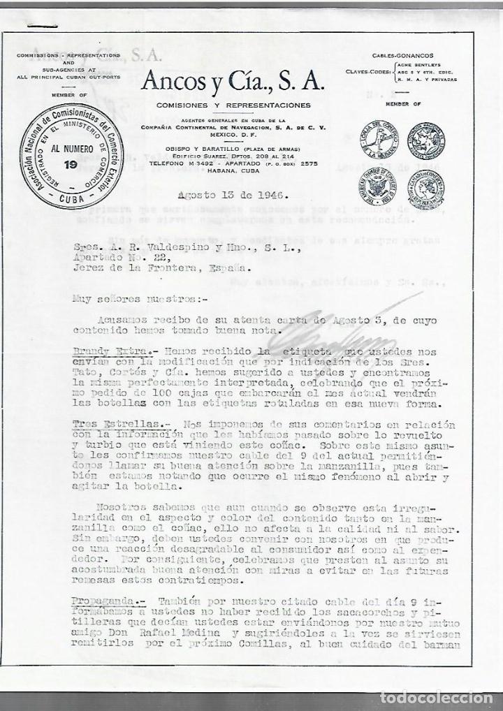 Cartas comerciais: CARTA COMERCIAL. ANCOS Y CIA S.A. COMISIONES Y REPRESENTACIONES. 1946. CUBA. 2 PAGINAS