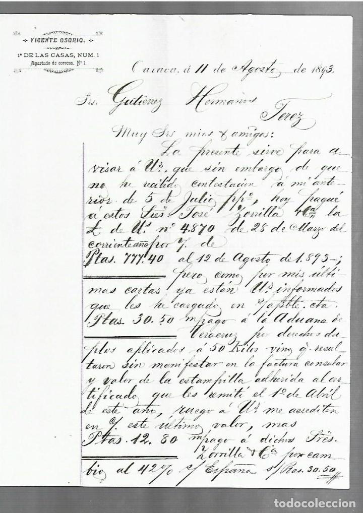 Cartas comerciais: CARTA COMERCIAL. VICENTE OSORIO. 1893. OAXACA, M&Eacute;XICO. 2 PAGINAS