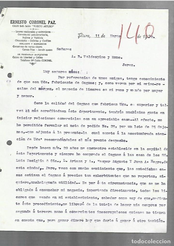 Cartas comerciais: CARTA COMERCIAL. ERNESTO CORONEL PAZ. GRAN BAR SAL&Oacute;N PUERTO ARTURO. 1920. PIURA, PER&Uacute;. 2 PAGINAS