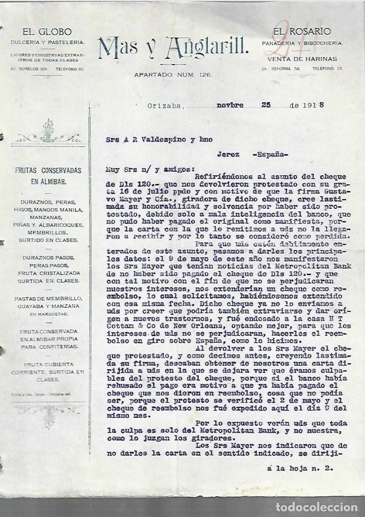 Cartas comerciais: CARTA COMERCIAL. MAS Y ANGLARILL. EL GLOBO DULCERIA Y PASTELERIA. ORIZABA. 1918. M&Eacute;XICO. 2 PAGINAS