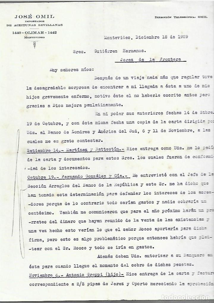 Cartas comerciais: CARTA COMERCIAL. JOS&Eacute; OMIL. ACEITUNAS SEVILLANAS. MONTEVIDEO. 1929. URUGUAY. 2 P&Aacute;GINAS
