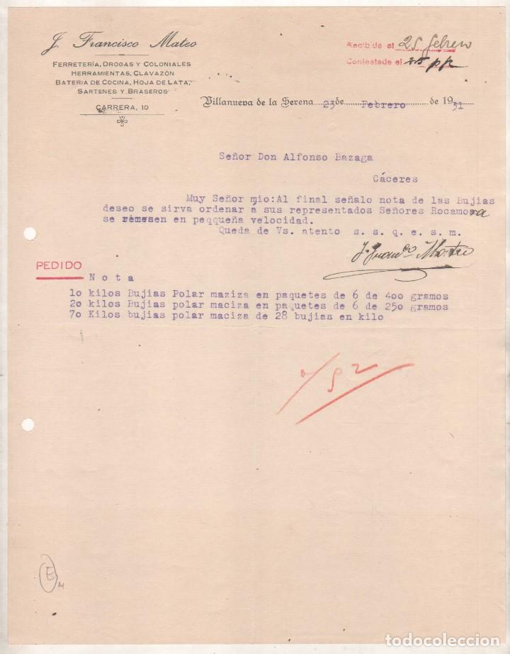 Cartas comerciais: FRANCISCO MATEO. FERRETER&Iacute;A, DROGAS, SARTENES, ETC VILLANUEVA DE LAS SERENA. BADAJOZ. 1931