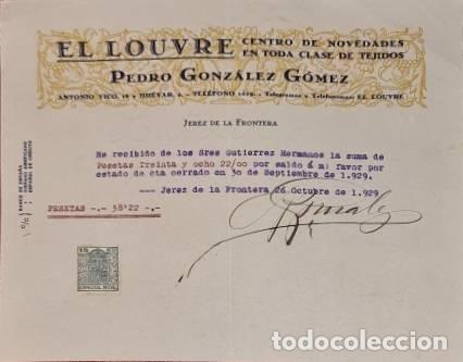 Cartas comerciais: Carta comercial. Pedro Gonz&aacute;lez. El Louvre. Centro de novedades en tejidos. Jerez. Espa&ntilde;a 1929