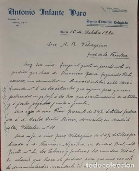 Cartas comerciais: Carta comercial. Antonio Infante Varo. Agente comercial colegiado. Lucena. Espa&ntilde;a 1950