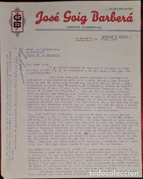 Cartas comerciais: Carta comercial. Jos&eacute; Goig Barber&aacute;. Agente comercial. Albacete. Espa&ntilde;a 1950