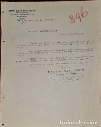 Cartas comerciais: Carta comercial. Jos&eacute; Sanz Oliveros. Comisiones y Representaciones. Soria. Espa&ntilde;a 1926