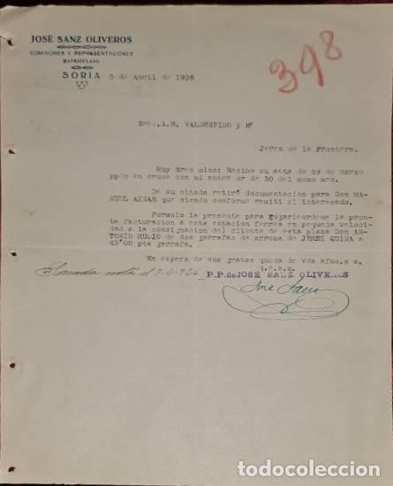 Cartas comerciais: Carta comercial. Jos&eacute; Sanz Oliveros. Comisiones y Representaciones. Soria. Espa&ntilde;a 1926