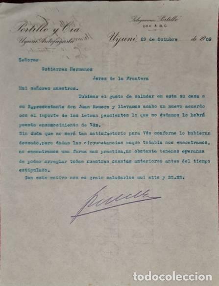 Cartas comerciais: Carta comercial. Portillo y C&iacute;a. Uyuni. Bolivia 1909