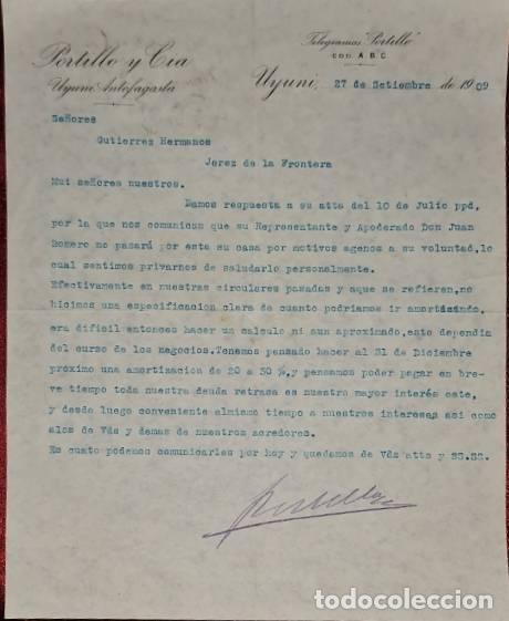 Cartas comerciais: Carta comercial. Portillo y C&iacute;a. Uyuni. Bolivia 1909