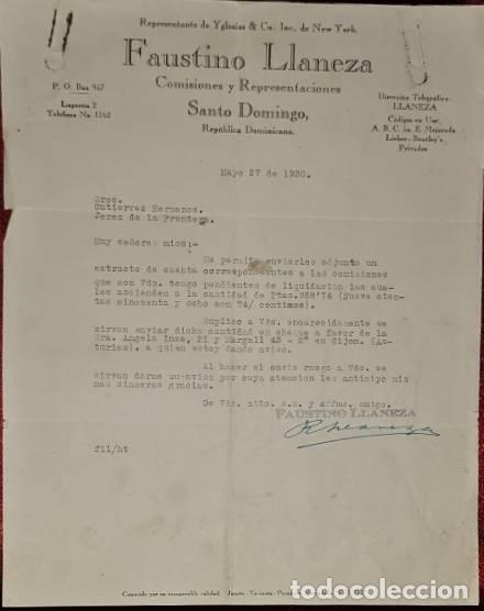 Cartas comerciais: Carta comercial. Faustino Llaneza. Comisiones y Representaciones. Santo Domingo. Rep.Dominicana 1930