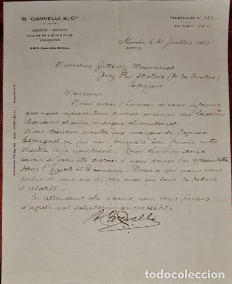 Cartas comerciais: Carta comercial. B. Carvelli & C&ordm;. Exportador - Importador. Alexandrie. Egipto 1909